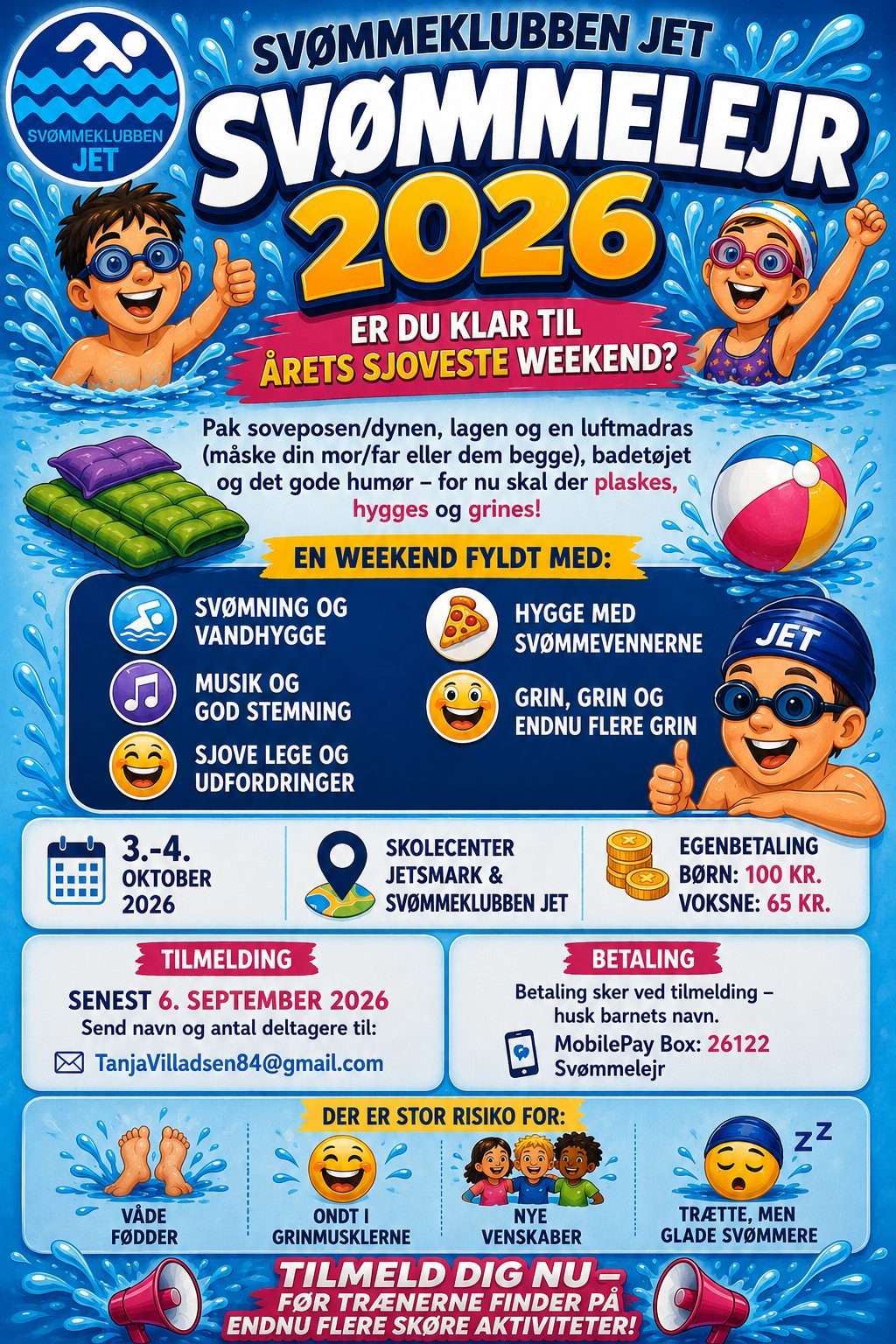 Plakat for Svømmeklubben JETs svømmelejr 3.–4. oktober 2026
